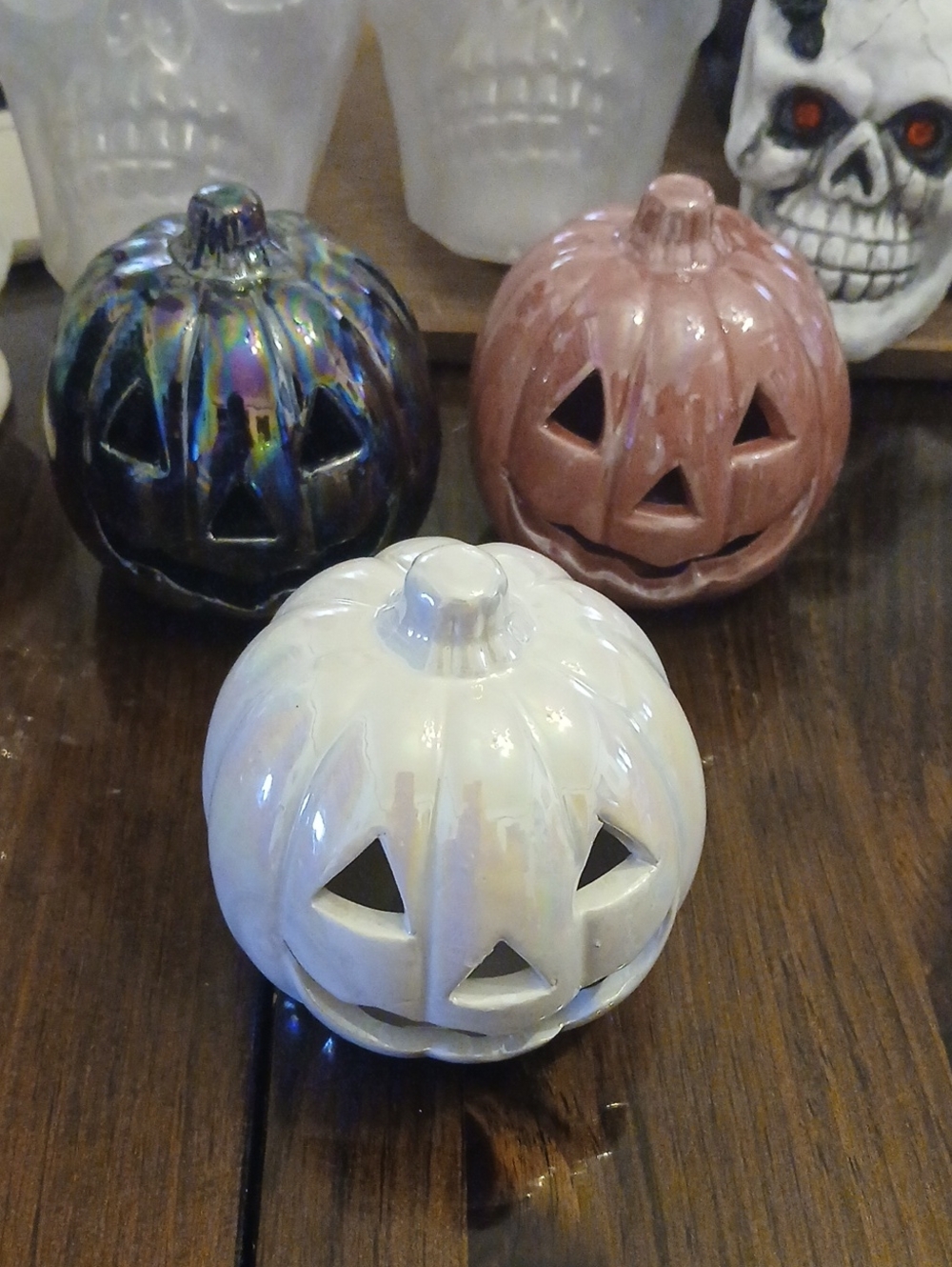Ceramic Iridescent White Jack-O'-Lantern Accent Pumpkin